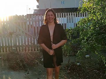 My wife receives the delivery guy on street dressed with a opened robe